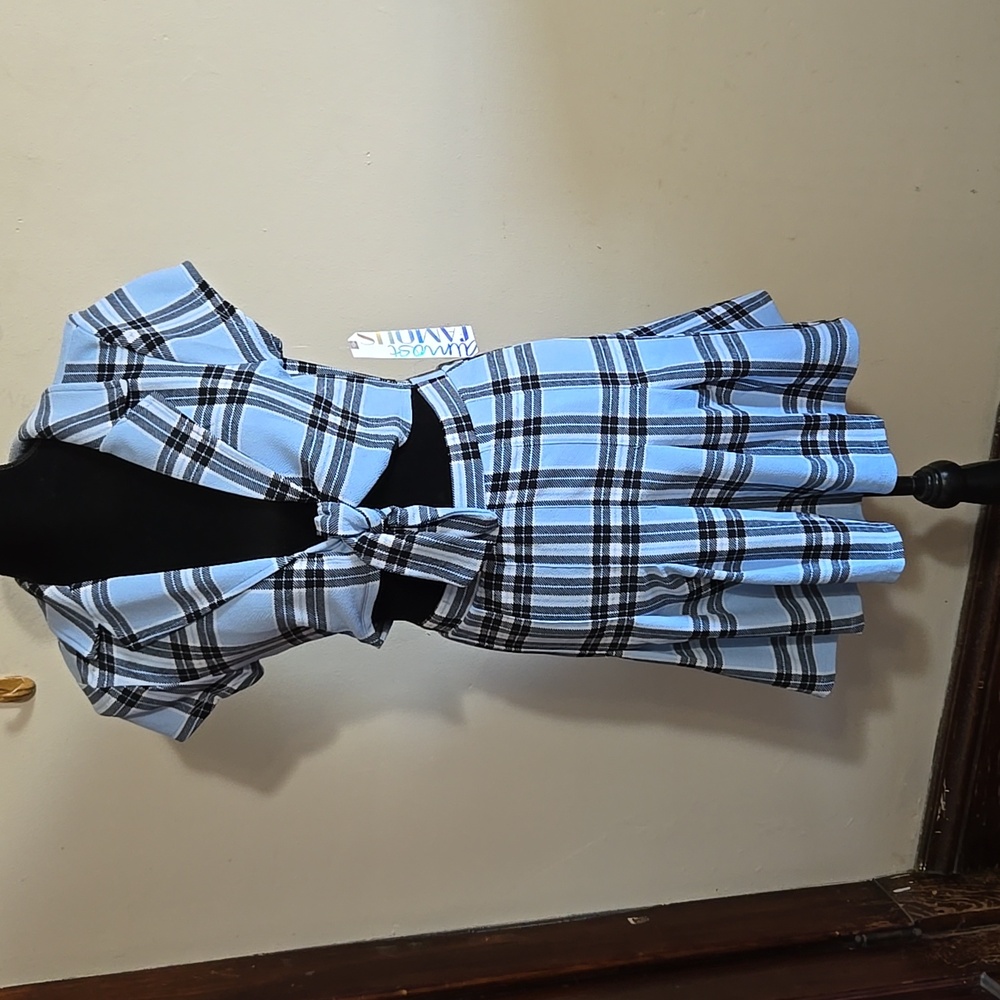 NWT Blue Plaid Tie Front Dress Size L  Pleated Skirt Cut Out Front Collared Neck
